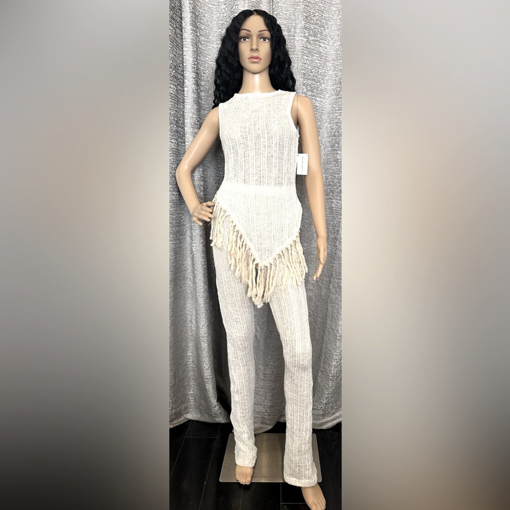 Tulum Ivory Stretch Knit 2 Pc Set with Fringe